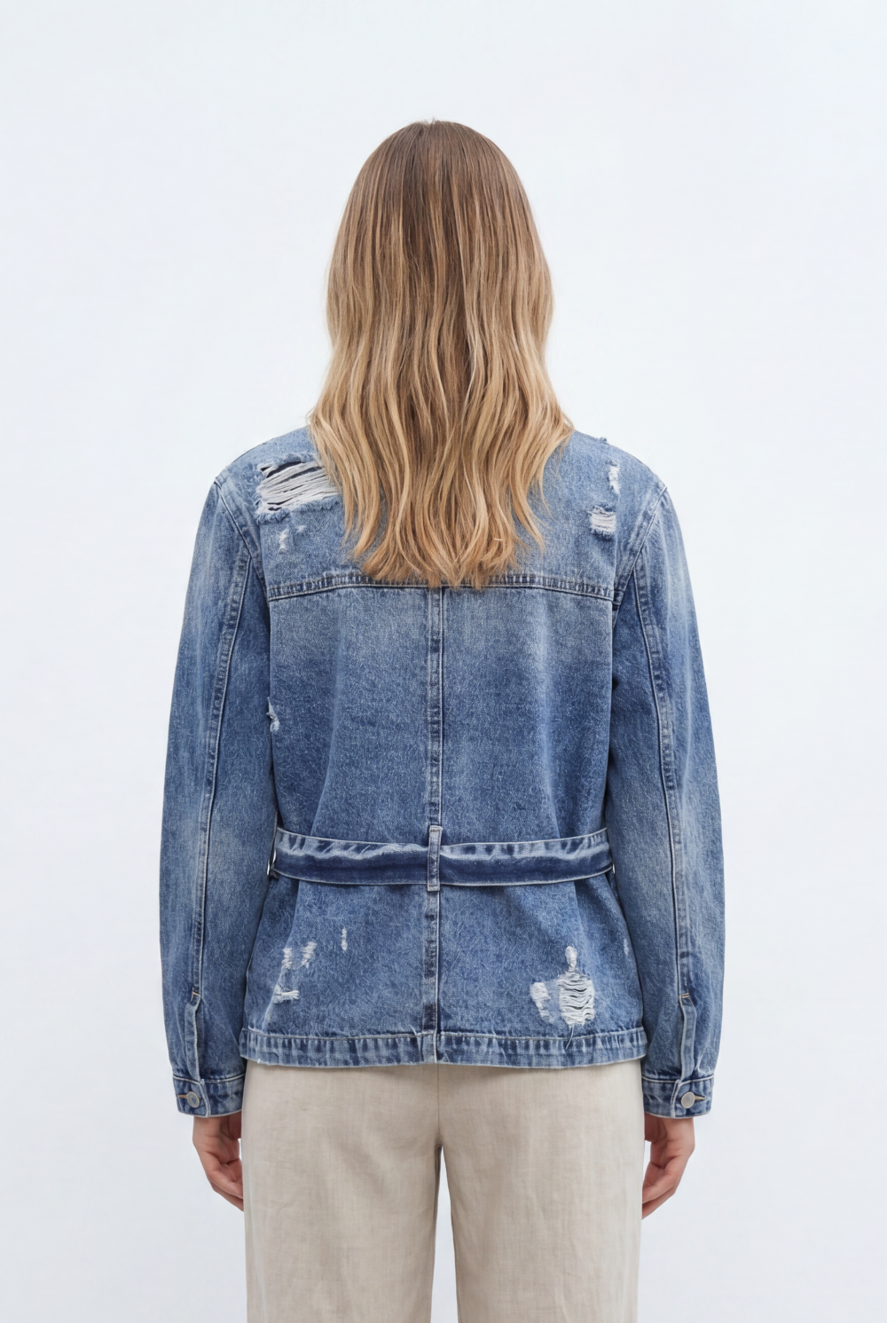 Women’s Tomato Store Denim Utility Jacket Crafted Vintage Wash Finish Featuring Tie Belt