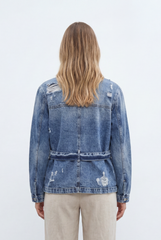 Women’s Tomato Store Denim Utility Jacket Crafted Vintage Wash Finish Featuring Tie Belt