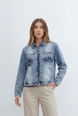 Women’s Denim Jacket Designed Distressed Light Wash Flap Chest Pockets Button Front Closure