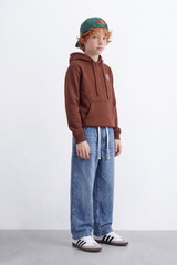 Boy's Tomato Store Melton Sweatshirt Hood Chest Badge Detail Kangaroo Pocket Slim Fit