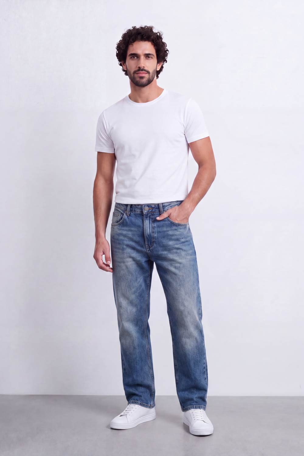 Men's Tomato Store Washed Denim Jeans Mid-Rise Waist Wide Leg Pants