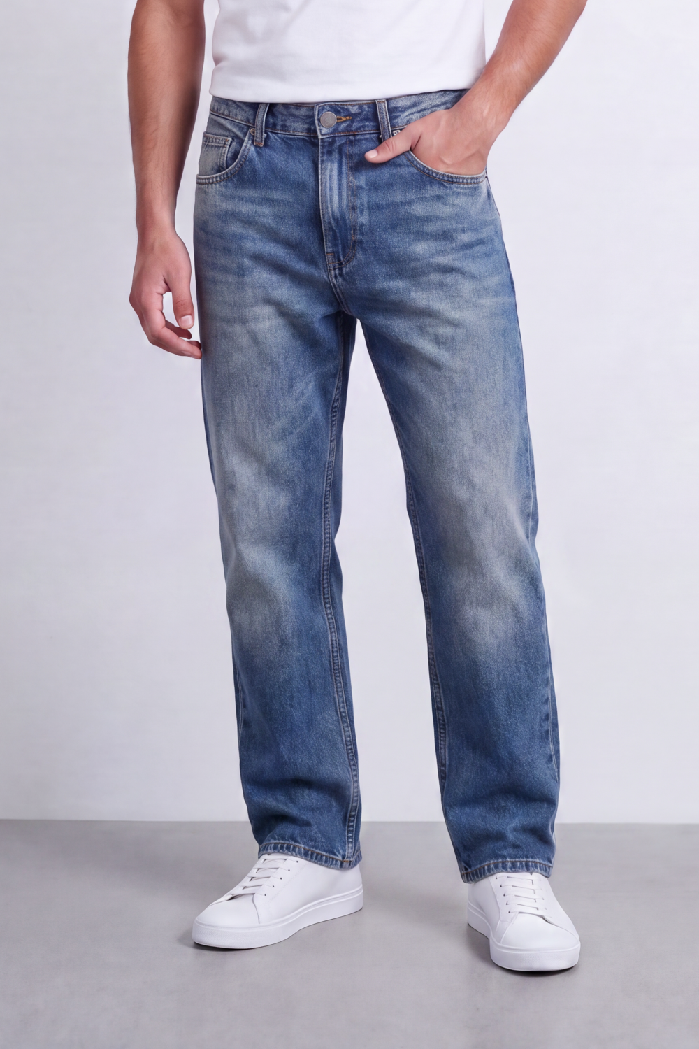 Men's Tomato Store Washed Denim Jeans Mid-Rise Waist Wide Leg Pants