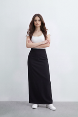 Women’s Tomato Store Column Slit Maxi Skirt Clean Matte Surface Shapes Sleek High Waist Line Long Straight Fall Back Slit Detail