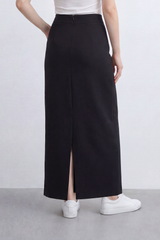 Women’s Tomato Store Column Slit Maxi Skirt Clean Matte Surface Shapes Sleek High Waist Line Long Straight Fall Back Slit Detail