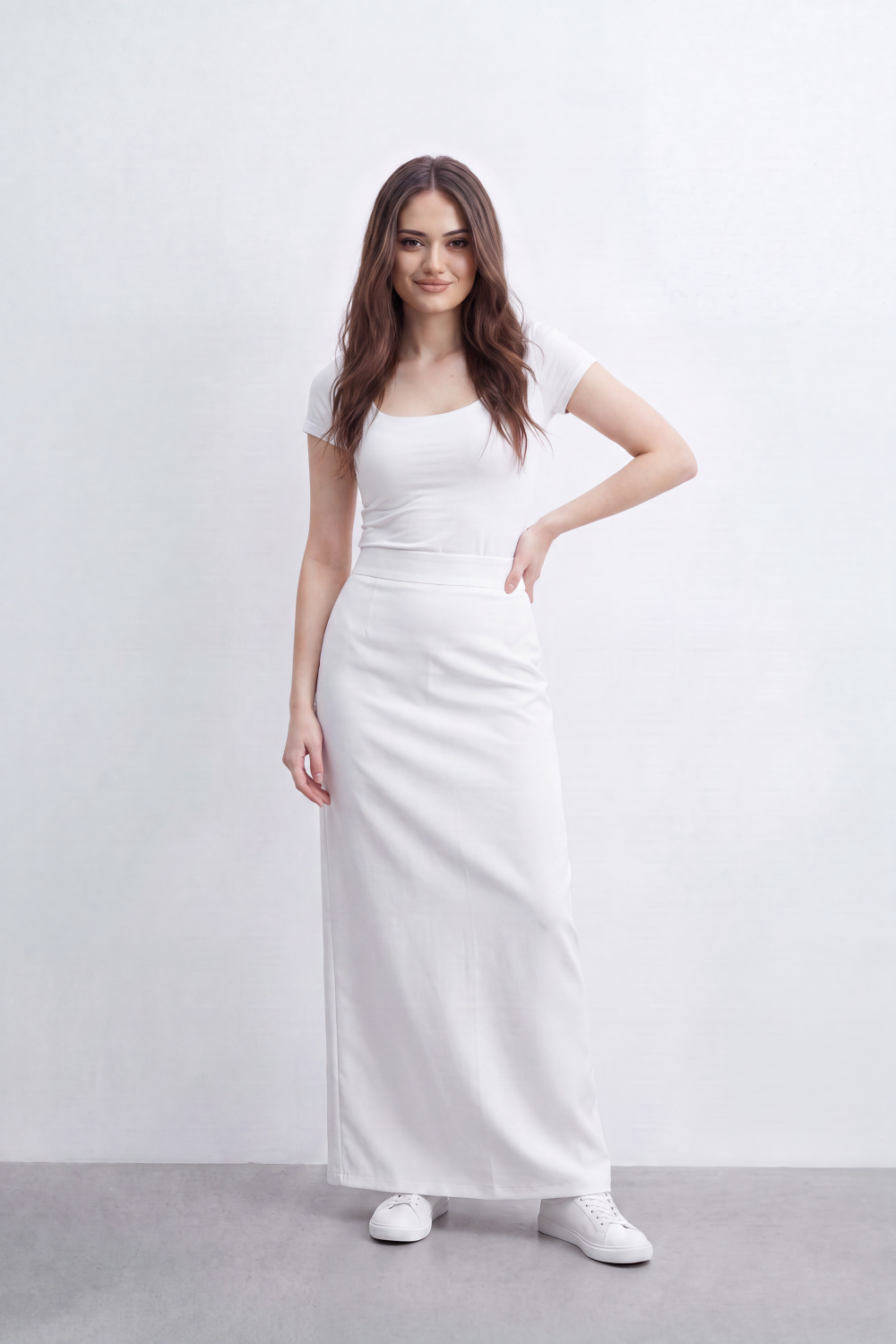 Women’s Tomato Store Column Slit Maxi Skirt Clean Matte Surface Shapes Sleek High Waist Line Long Straight Fall Back Slit Detail