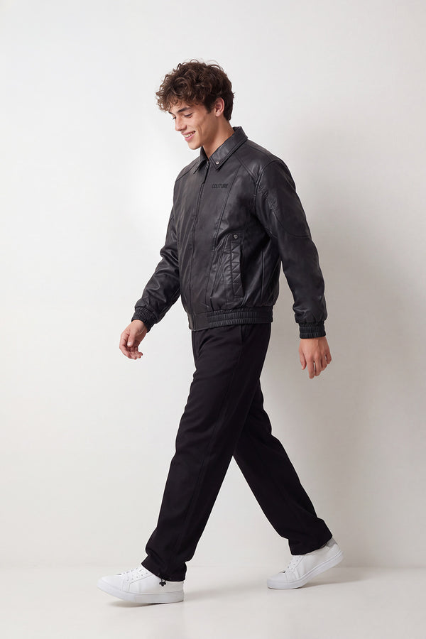 Men's Tomato Store Winter Leather Jacket Classic Collar Subtle Chest Embroidery Slim Fit