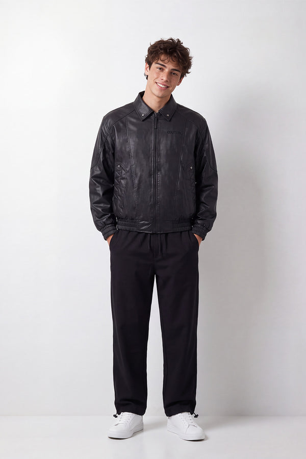 Men's Tomato Store Winter Leather Jacket Classic Collar Subtle Chest Embroidery Slim Fit