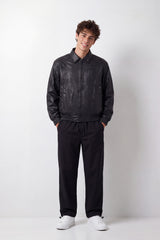 Men's Tomato Store Winter Leather Jacket Classic Collar Subtle Chest Embroidery Slim Fit