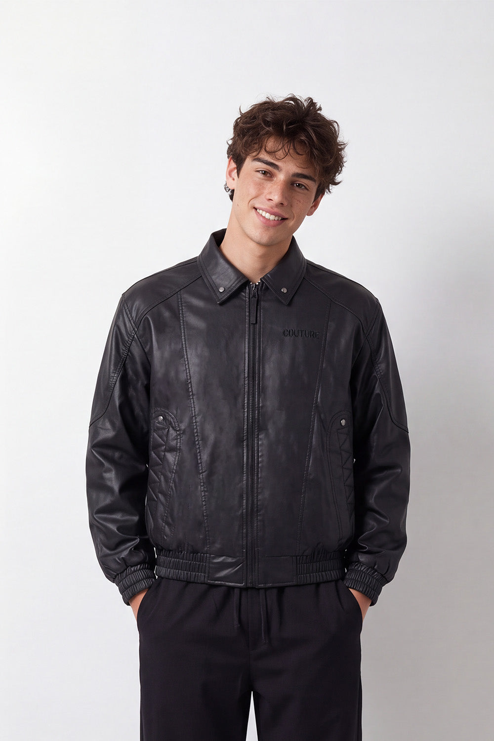 Men's Tomato Store Winter Leather Jacket Classic Collar Subtle Chest Embroidery Slim Fit