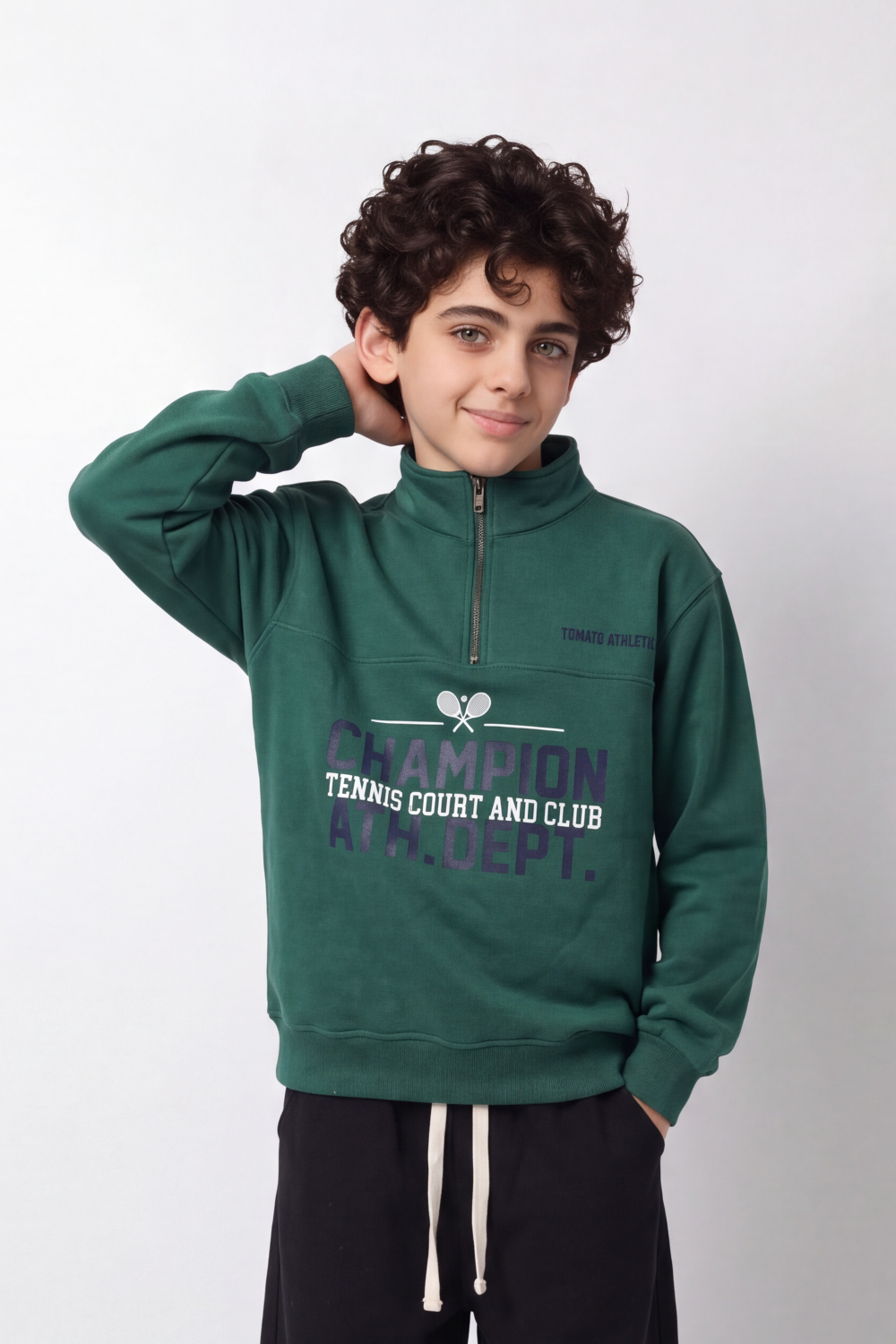 Boy's Tomato Store Winter Fleece Pullover Round Neck Long Sleeve Half-Zip Detail Tennis Club Typography Front Graphic Oversize