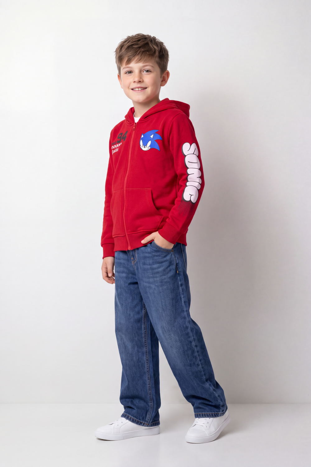 Boy's Tomato Store Winter Fleece Zip Hoodie Long Sleeve Sonic Front Sleeve And Back Graphics Slim Fit