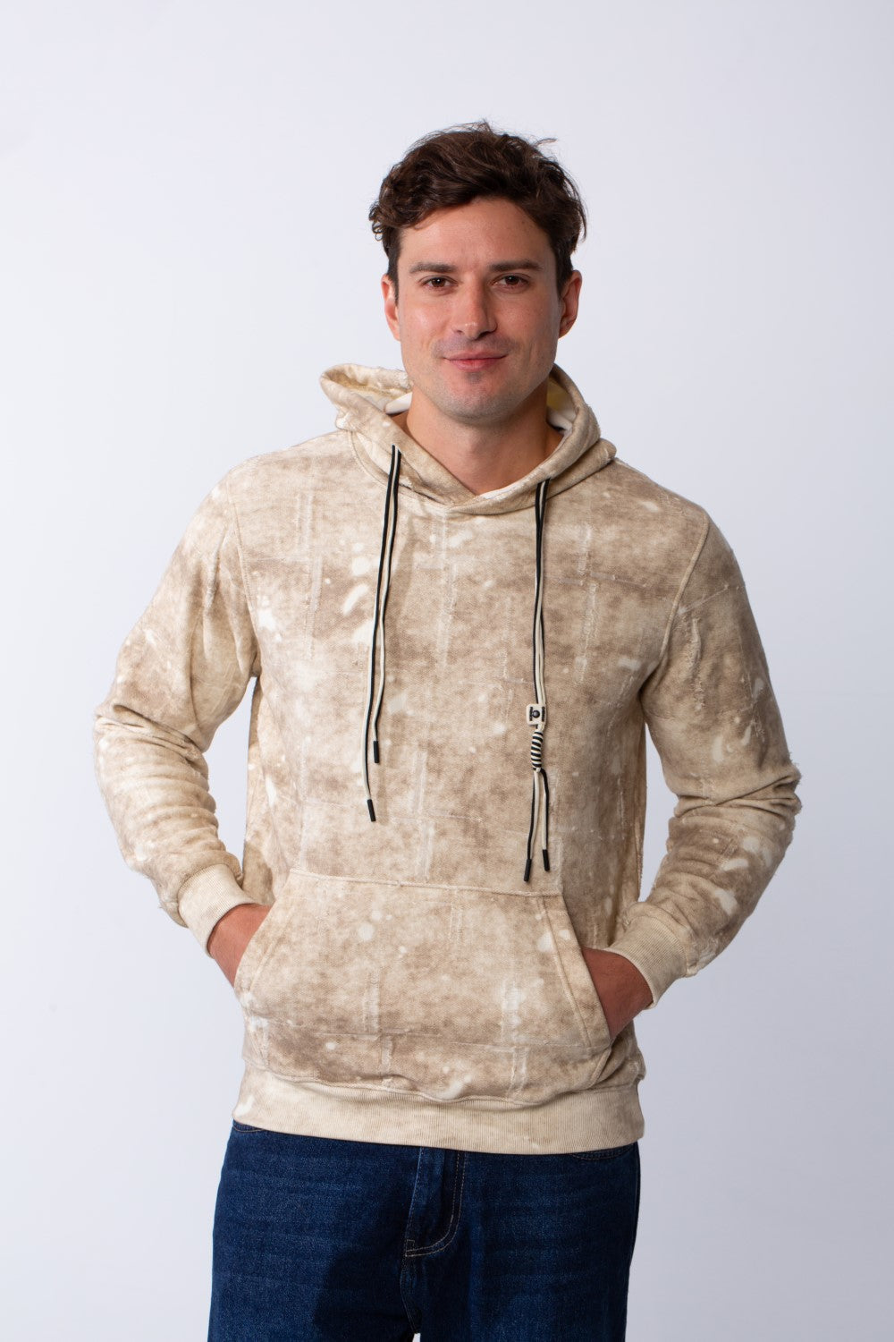 Men's Marble Pattern Kangaroo Pockets Hood Design Practical Casual Slim Fit Sweatshirt
