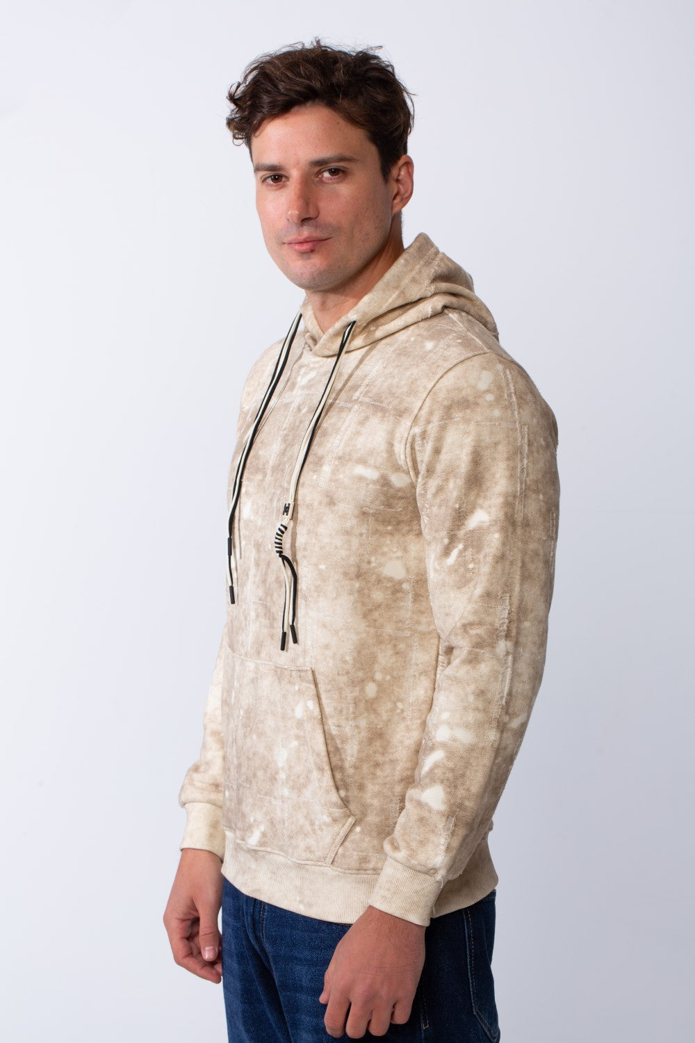 Men's Marble Pattern Kangaroo Pockets Hood Design Practical Casual Slim Fit Sweatshirt