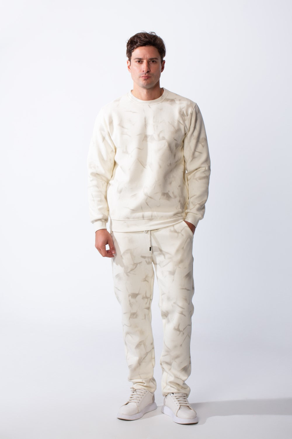 Men's Two-Piece Long Sleeves Crew Neck With Marble Pattern Slim Fit Melton Comfy Casual Daily Wear Out Fit