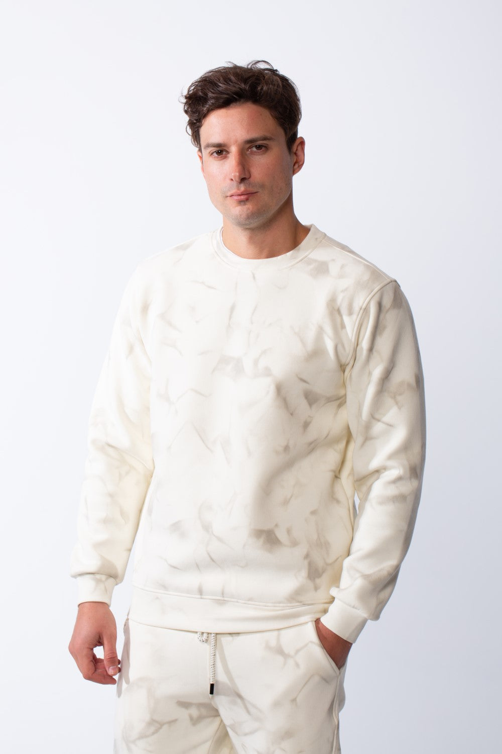 Men's Two-Piece Long Sleeves Crew Neck With Marble Pattern Slim Fit Melton Comfy Casual Daily Wear Out Fit