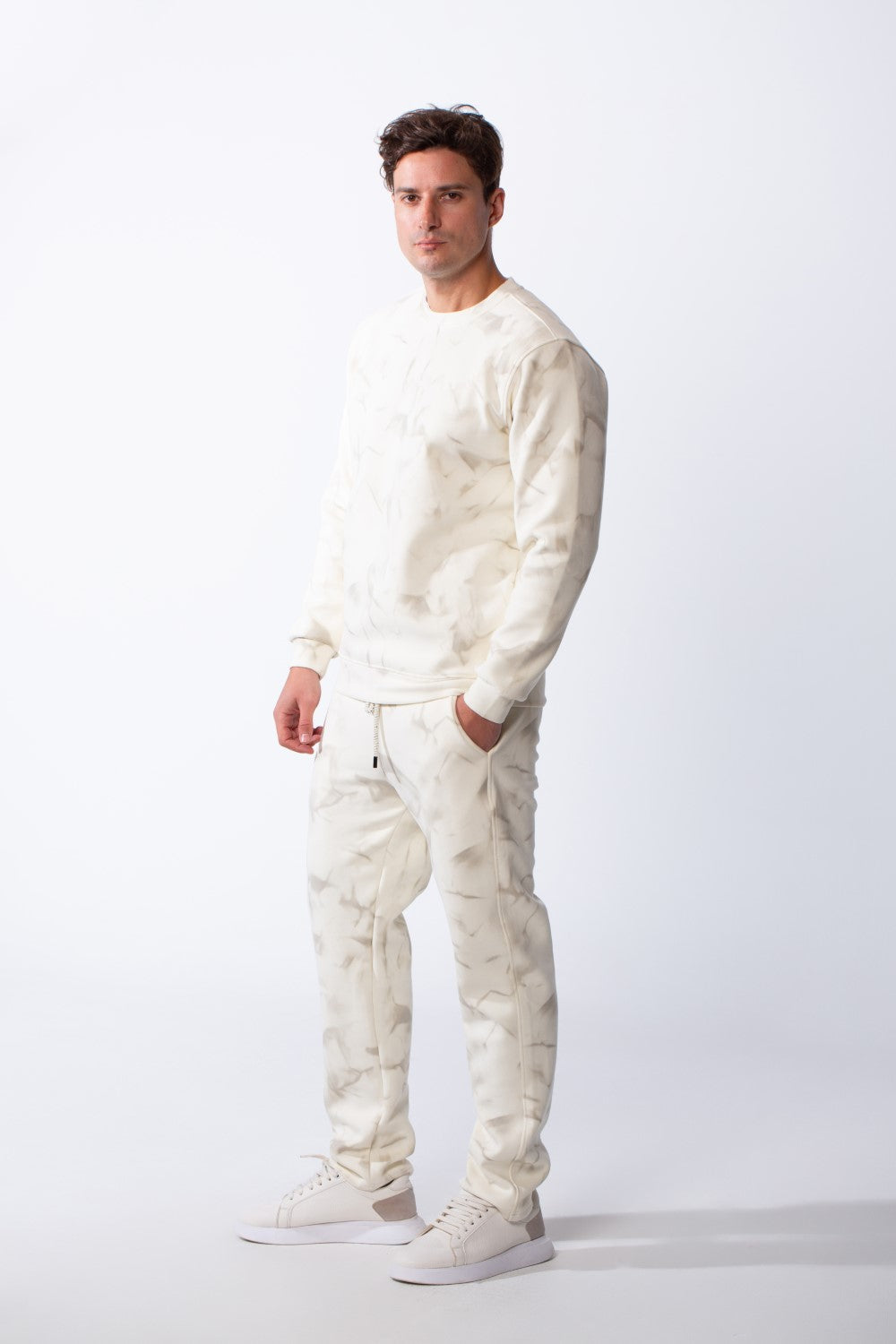 Men's Two-Piece Long Sleeves Crew Neck With Marble Pattern Slim Fit Melton Comfy Casual Daily Wear Out Fit