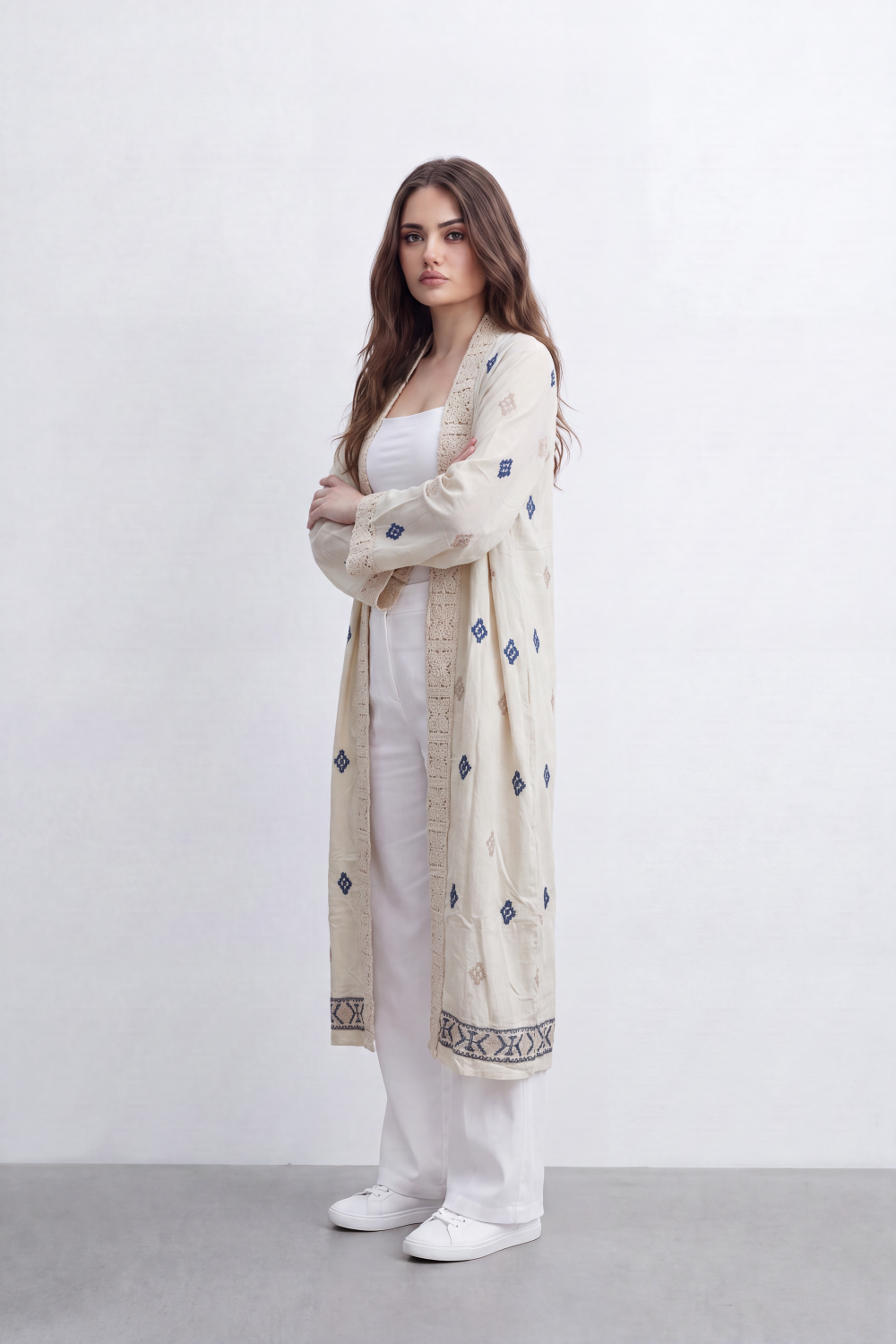 Women’s Tomato Store Boho Tile Duster Kimono Allover Geometric Embroidery Border Artwork Open Front Longline Shape Crink Cardigan Surface