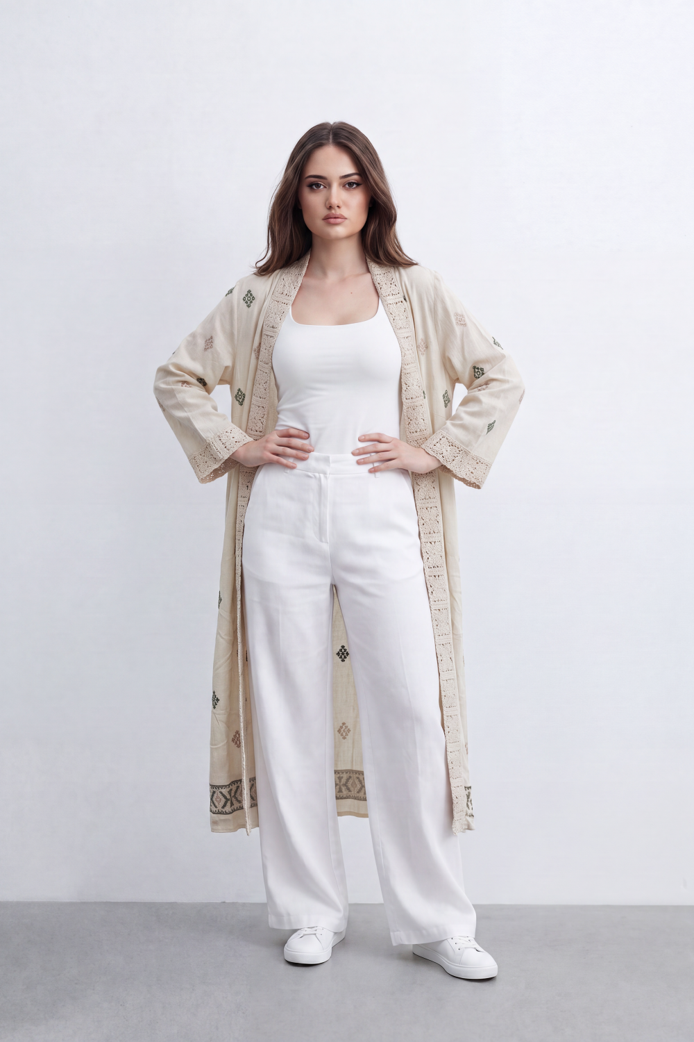 Women’s Tomato Store Boho Tile Duster Kimono Allover Geometric Embroidery Border Artwork Open Front Longline Shape Crink Cardigan Surface