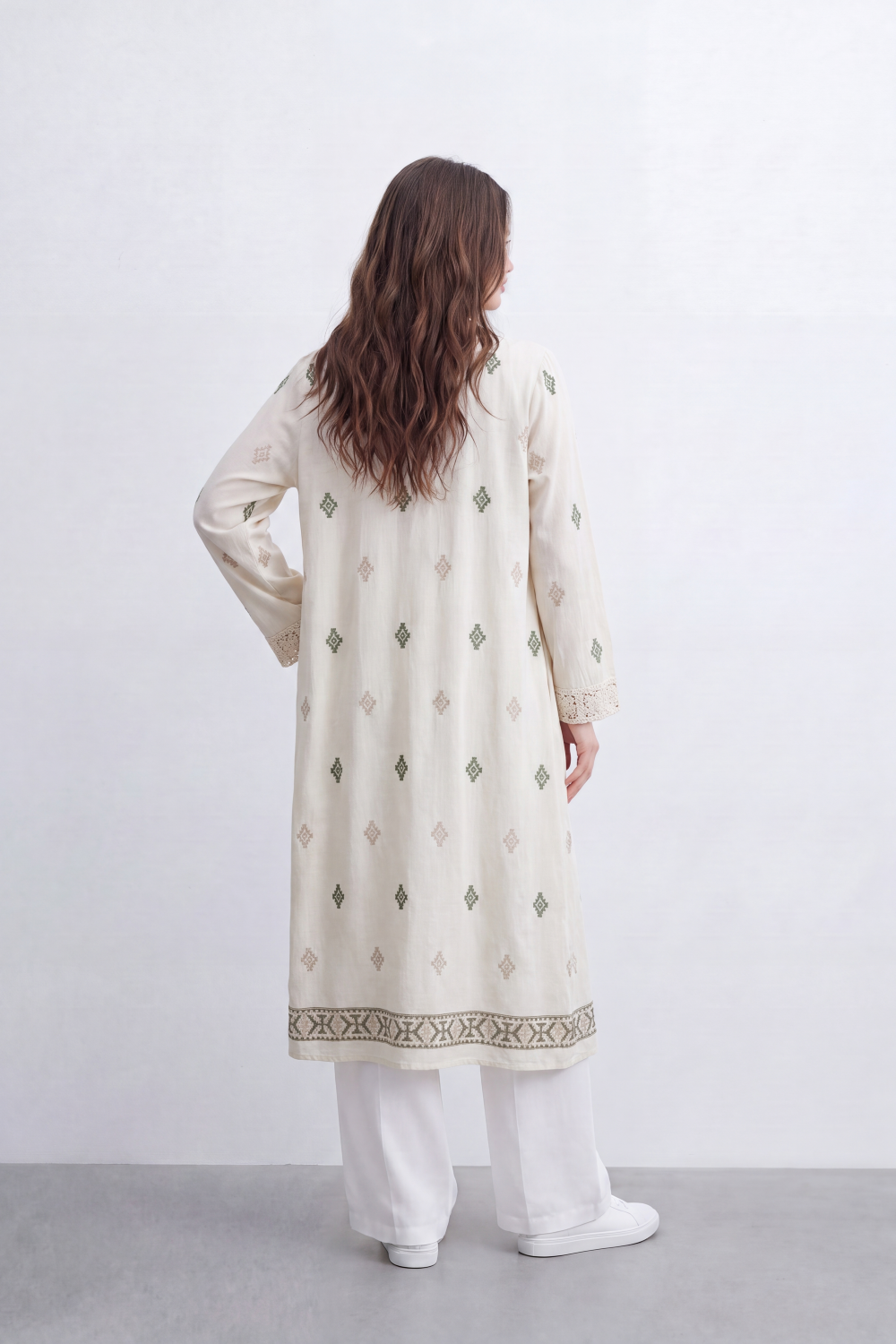 Women’s Tomato Store Boho Tile Duster Kimono Allover Geometric Embroidery Border Artwork Open Front Longline Shape Crink Cardigan Surface