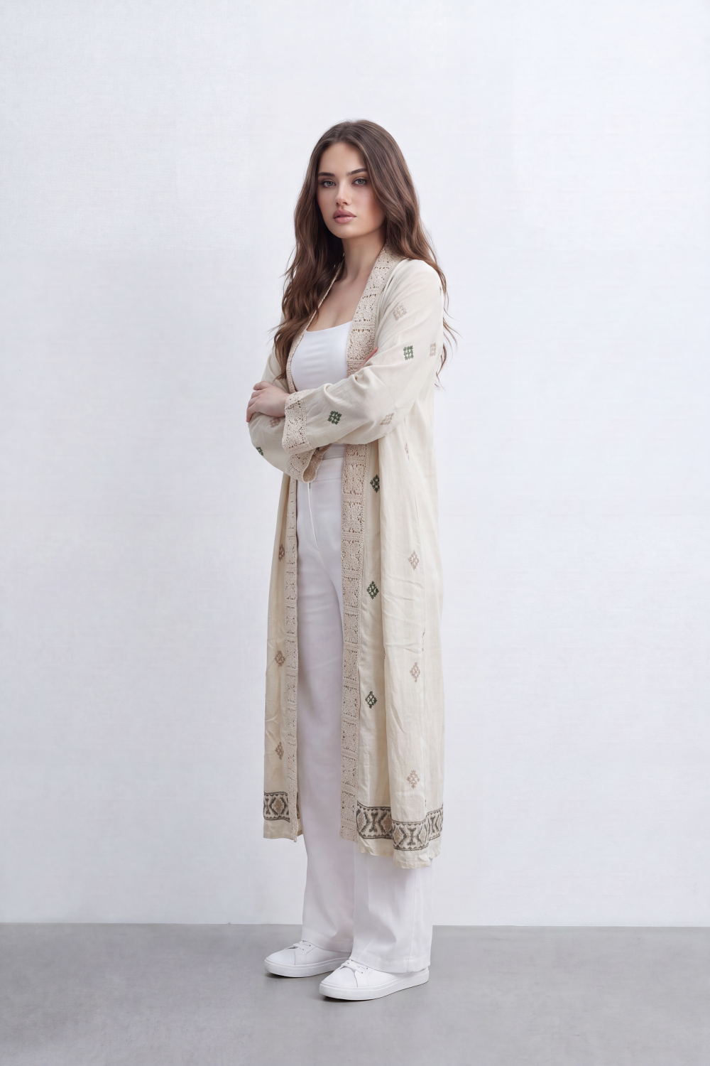 Women’s Tomato Store Boho Tile Duster Kimono Allover Geometric Embroidery Border Artwork Open Front Longline Shape Crink Cardigan Surface