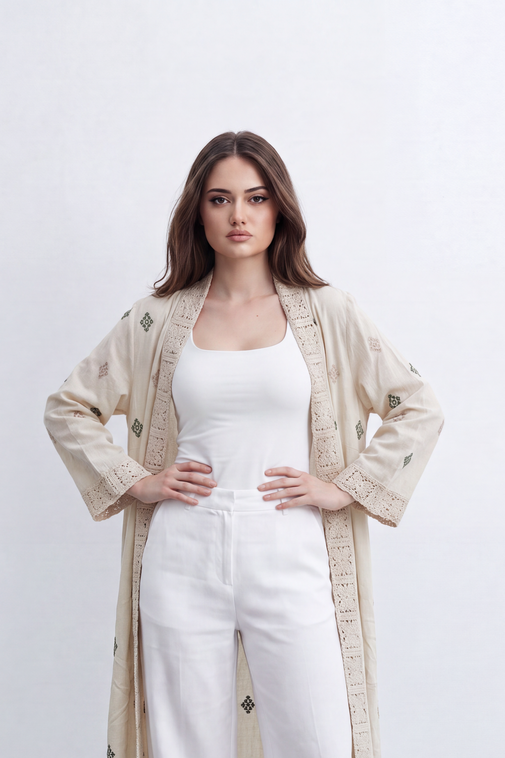 Women’s Tomato Store Boho Tile Duster Kimono Allover Geometric Embroidery Border Artwork Open Front Longline Shape Crink Cardigan Surface