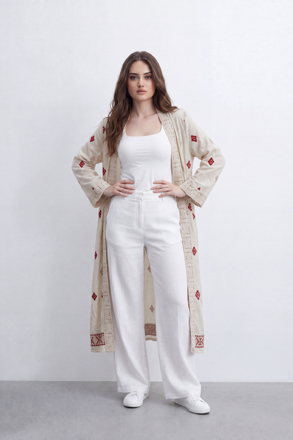Women’s Tomato Store Boho Tile Duster Kimono Allover Geometric Embroidery Border Artwork Open Front Longline Shape Crink Cardigan Surface