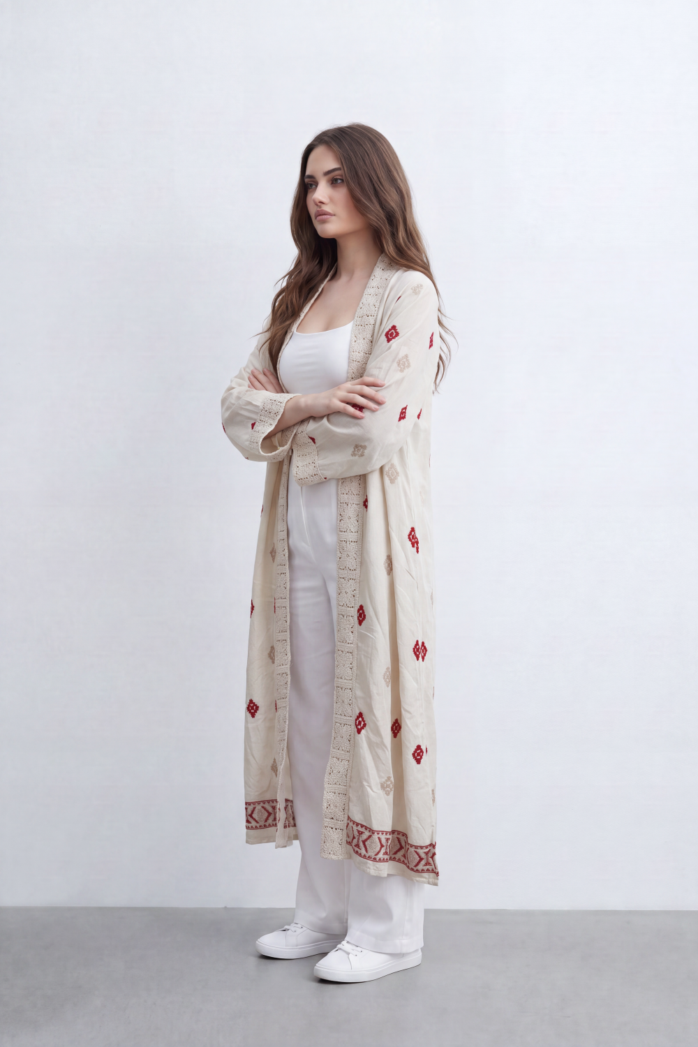 Women’s Tomato Store Boho Tile Duster Kimono Allover Geometric Embroidery Border Artwork Open Front Longline Shape Crink Cardigan Surface