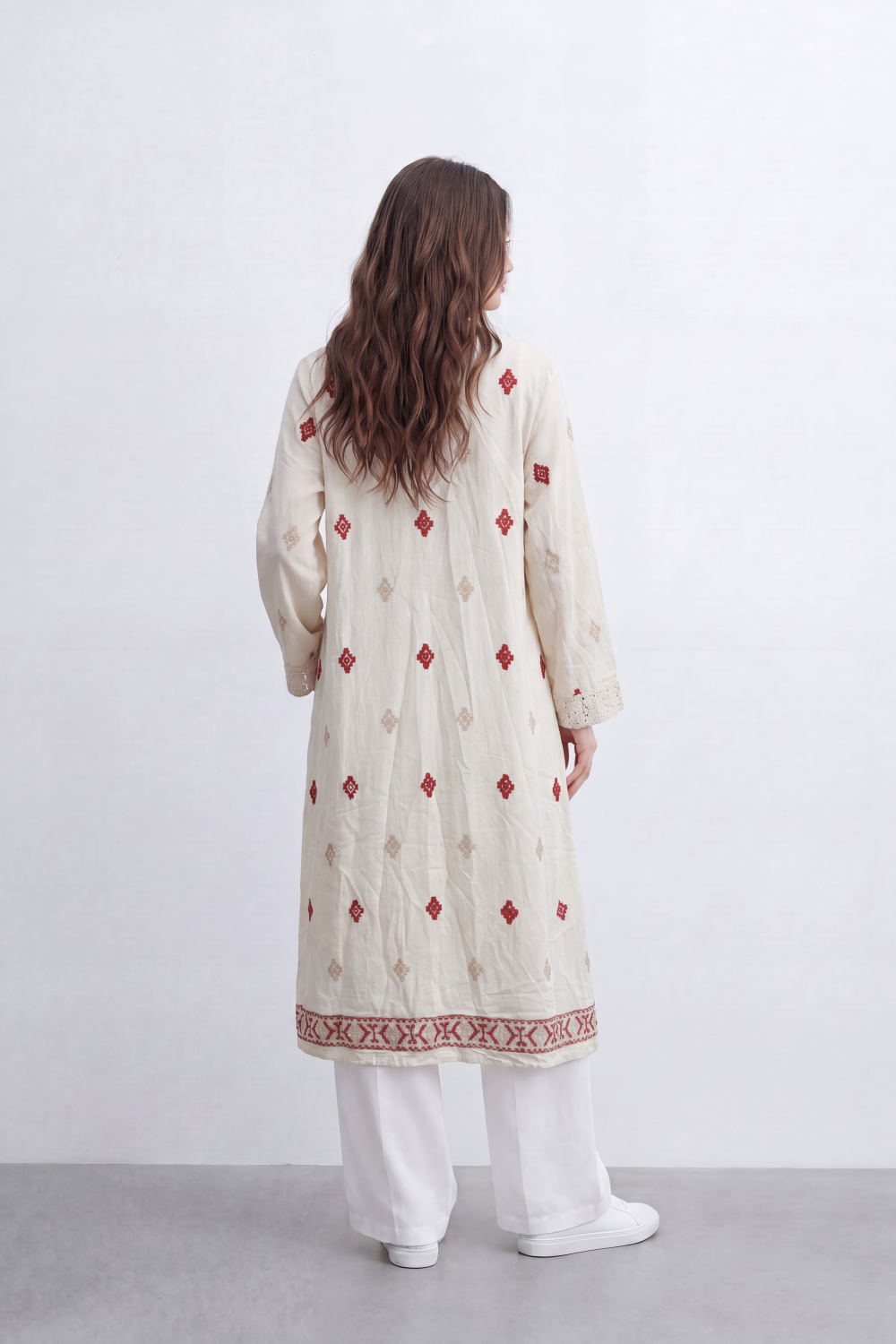 Women’s Tomato Store Boho Tile Duster Kimono Allover Geometric Embroidery Border Artwork Open Front Longline Shape Crink Cardigan Surface