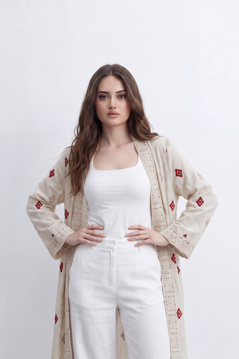 Women’s Tomato Store Boho Tile Duster Kimono Allover Geometric Embroidery Border Artwork Open Front Longline Shape Crink Cardigan Surface