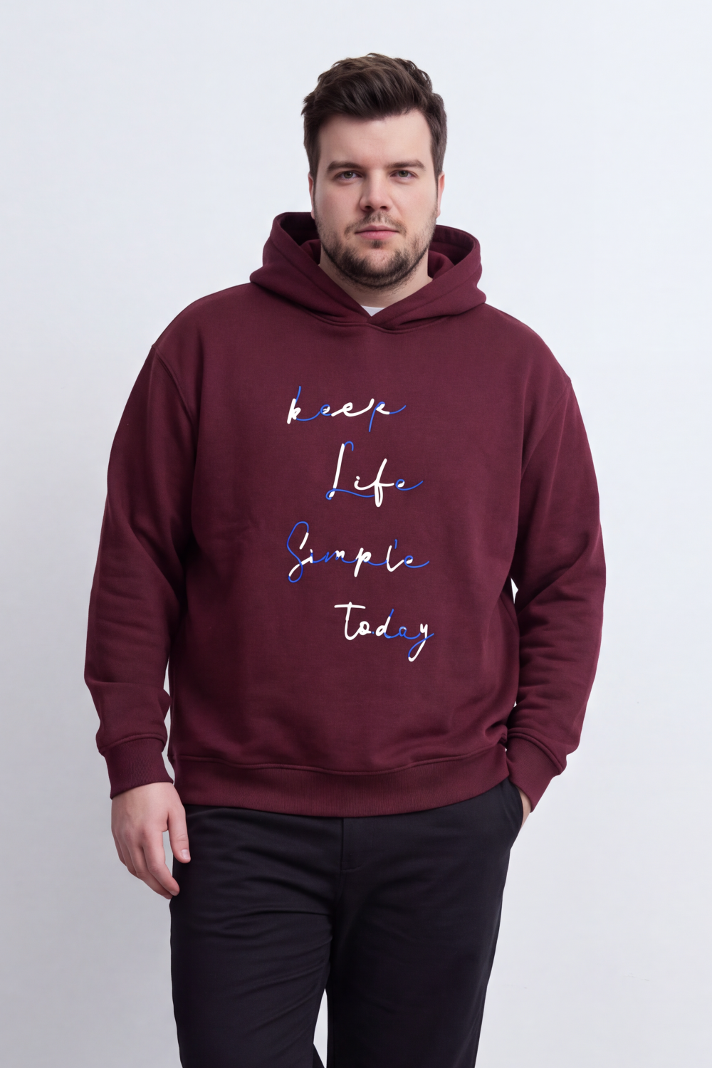 Men's Tomato Store Big Size Hood Sweatshirt Keep Life Simple Script Graphic Kangaroo Pocket