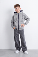 Boy's Tomato Store Melton Zip Sweatshirt Long Sleeve Contrast Seam Detail Hood Oversize