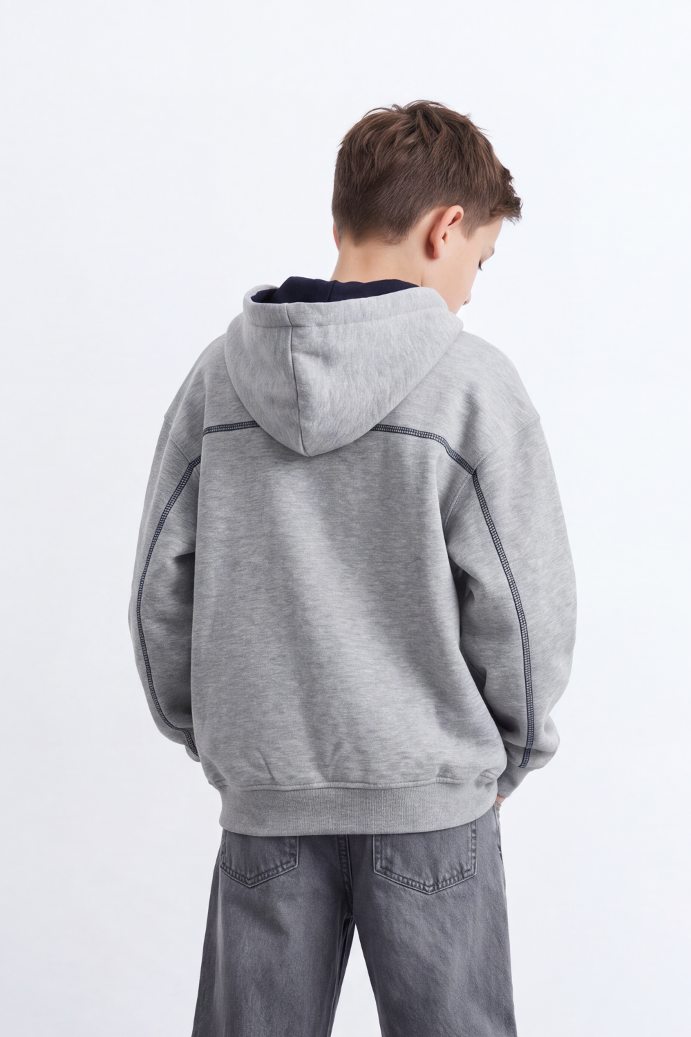 Boy's Tomato Store Melton Zip Sweatshirt Long Sleeve Contrast Seam Detail Hood Oversize