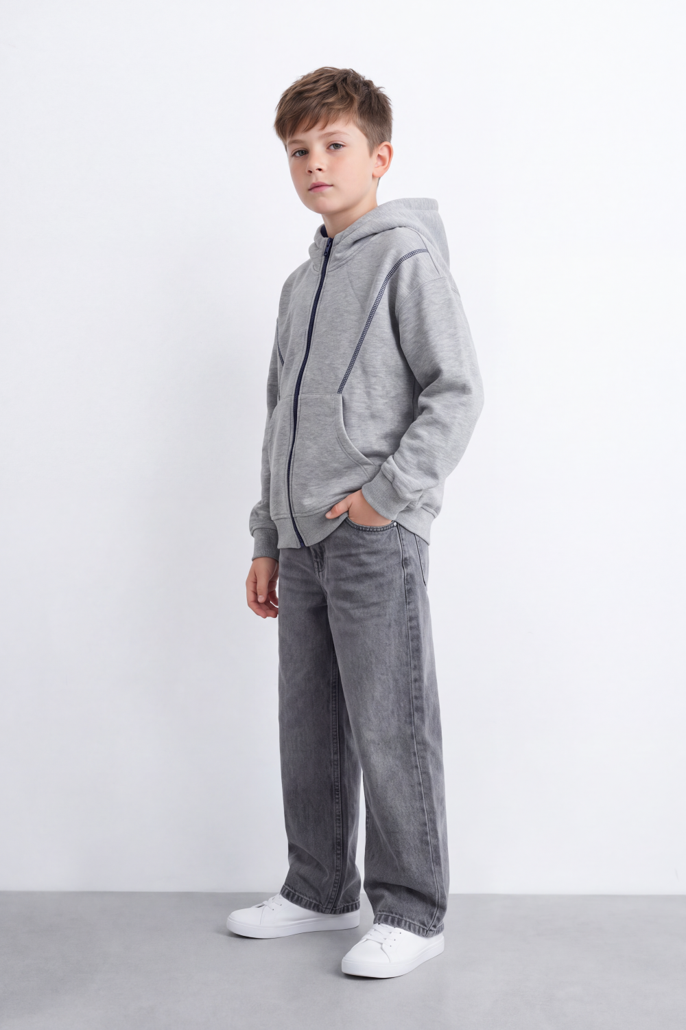 Boy's Tomato Store Melton Zip Sweatshirt Long Sleeve Contrast Seam Detail Hood Oversize