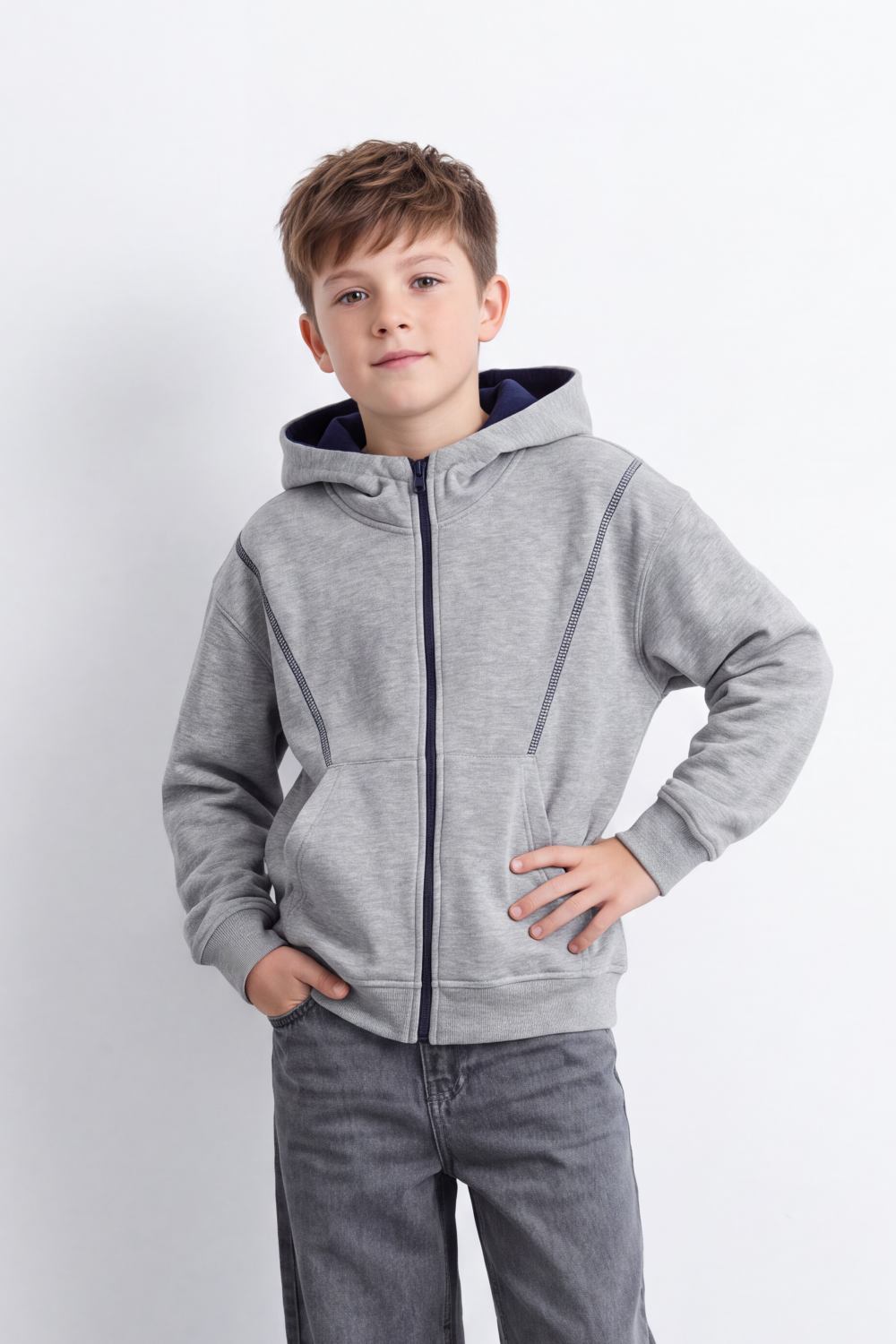 Boy's Tomato Store Melton Zip Sweatshirt Long Sleeve Contrast Seam Detail Hood Oversize