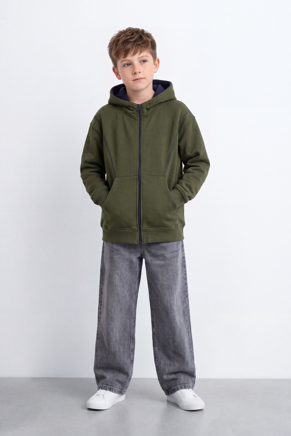 Boy's Tomato Store Melton Zip Sweatshirt Long Sleeve Contrast Seam Detail Hood Oversize