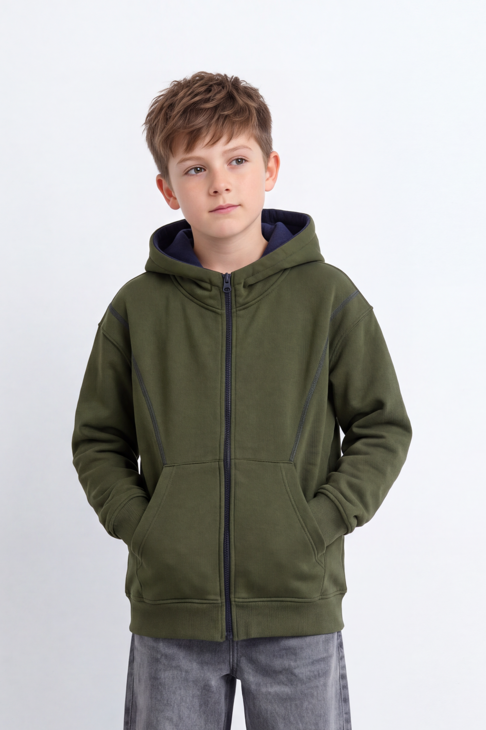 Boy's Tomato Store Melton Zip Sweatshirt Long Sleeve Contrast Seam Detail Hood Oversize