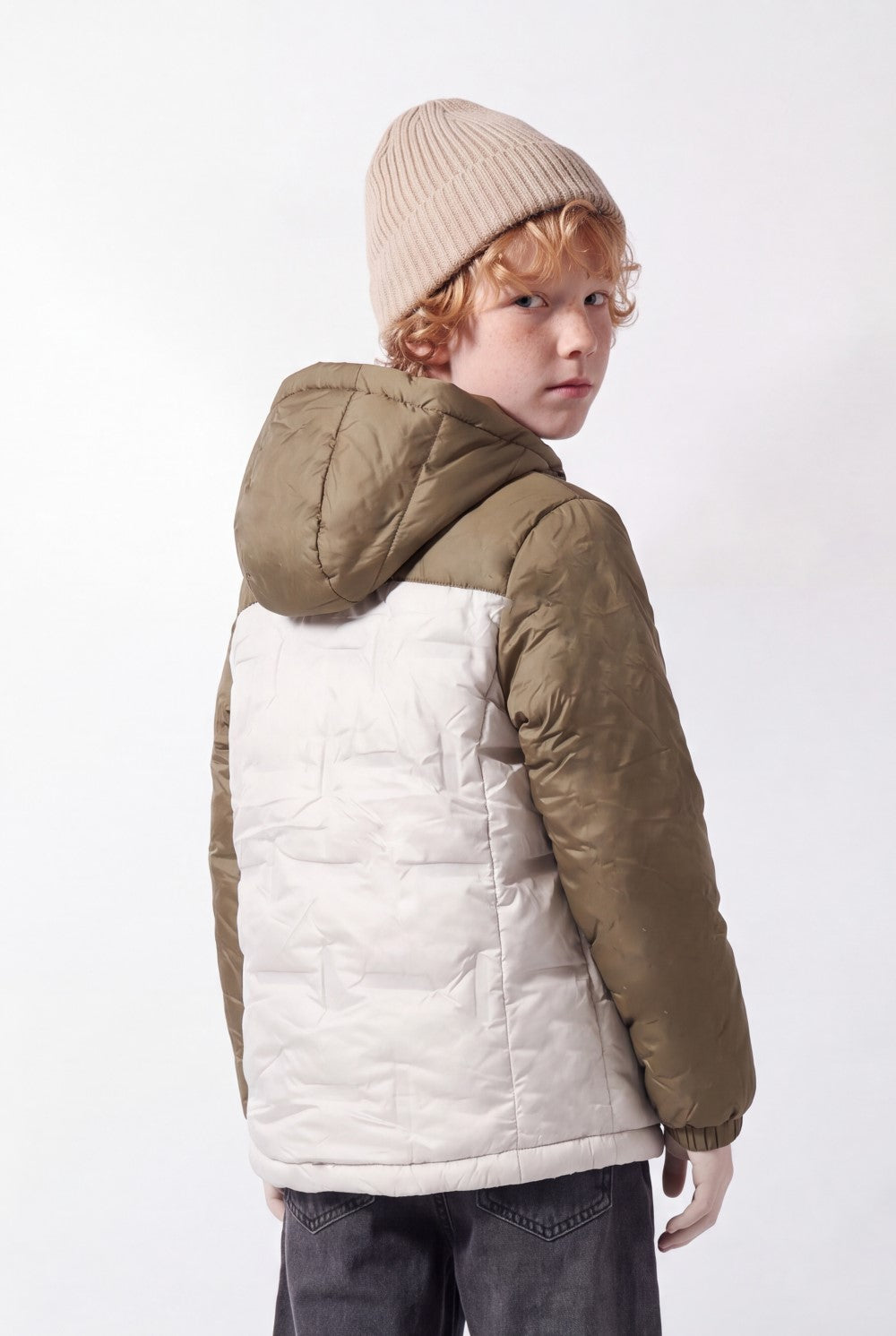 Boy's Tomato Store Color-Block Puffer Jacket Hooded Contrast Panel Design Full-Zip Front