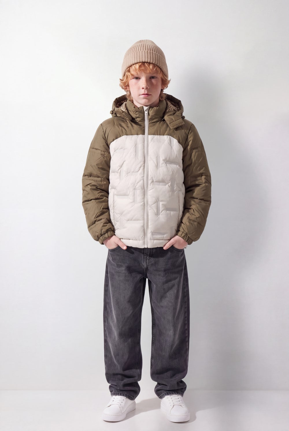 Boy's Tomato Store Color-Block Puffer Jacket Hooded Contrast Panel Design Full-Zip Front