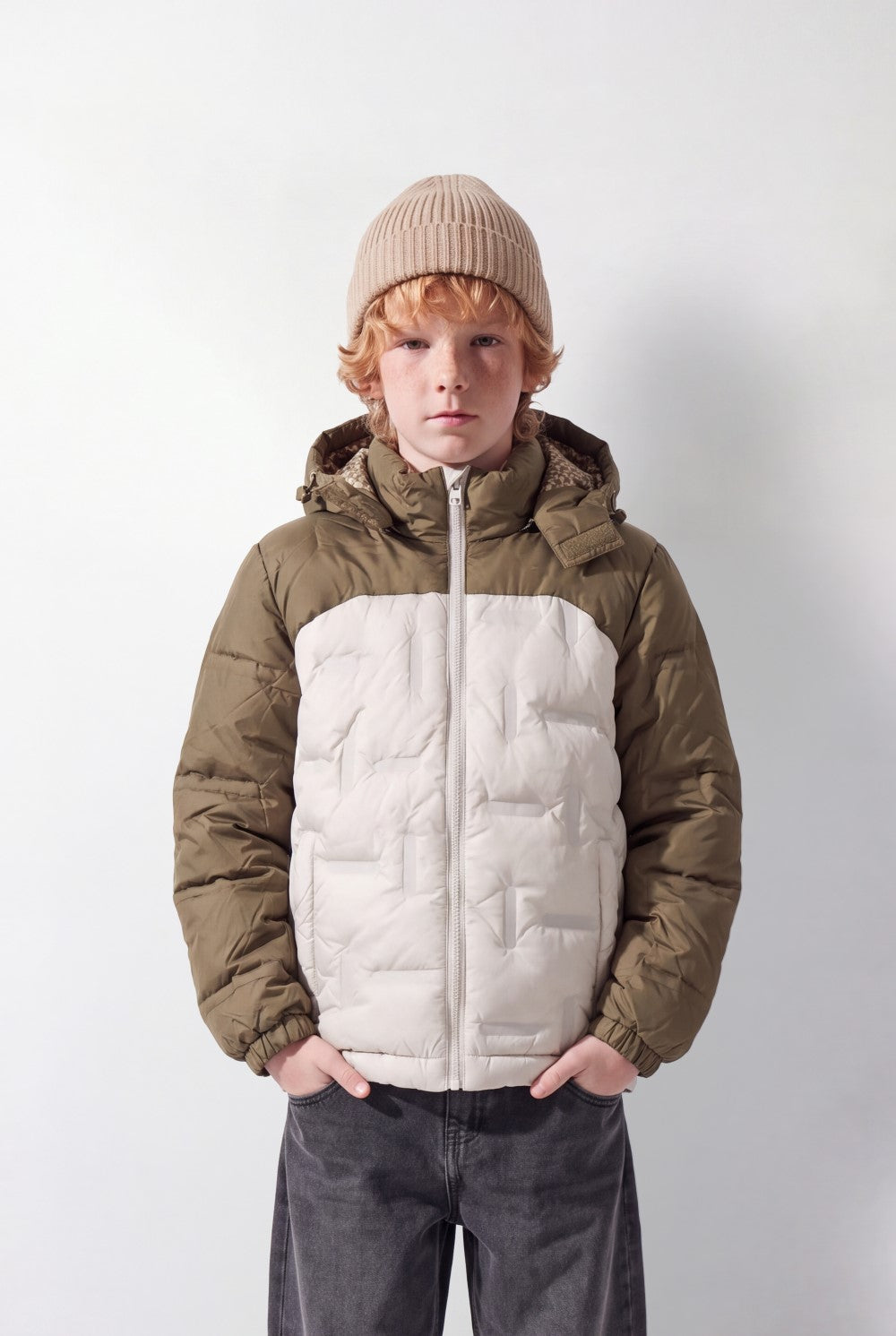 Boy's Tomato Store Color-Block Puffer Jacket Hooded Contrast Panel Design Full-Zip Front