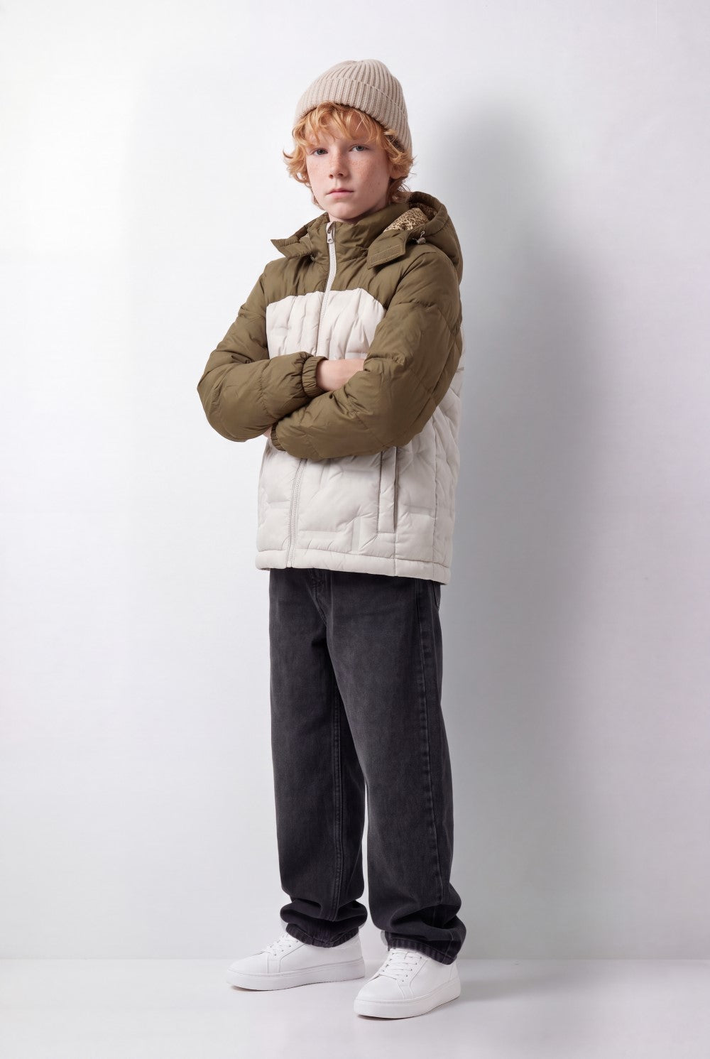 Boy's Tomato Store Color-Block Puffer Jacket Hooded Contrast Panel Design Full-Zip Front