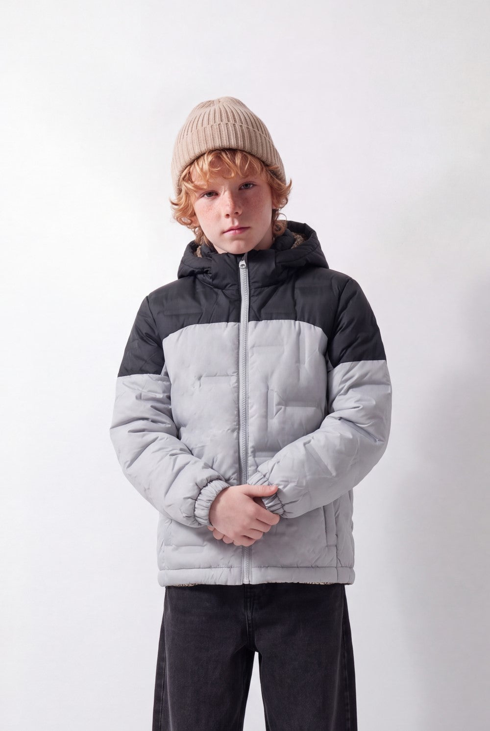 Boy's Tomato Store Color-Block Puffer Jacket Hooded Contrast Panel Design Full-Zip Front