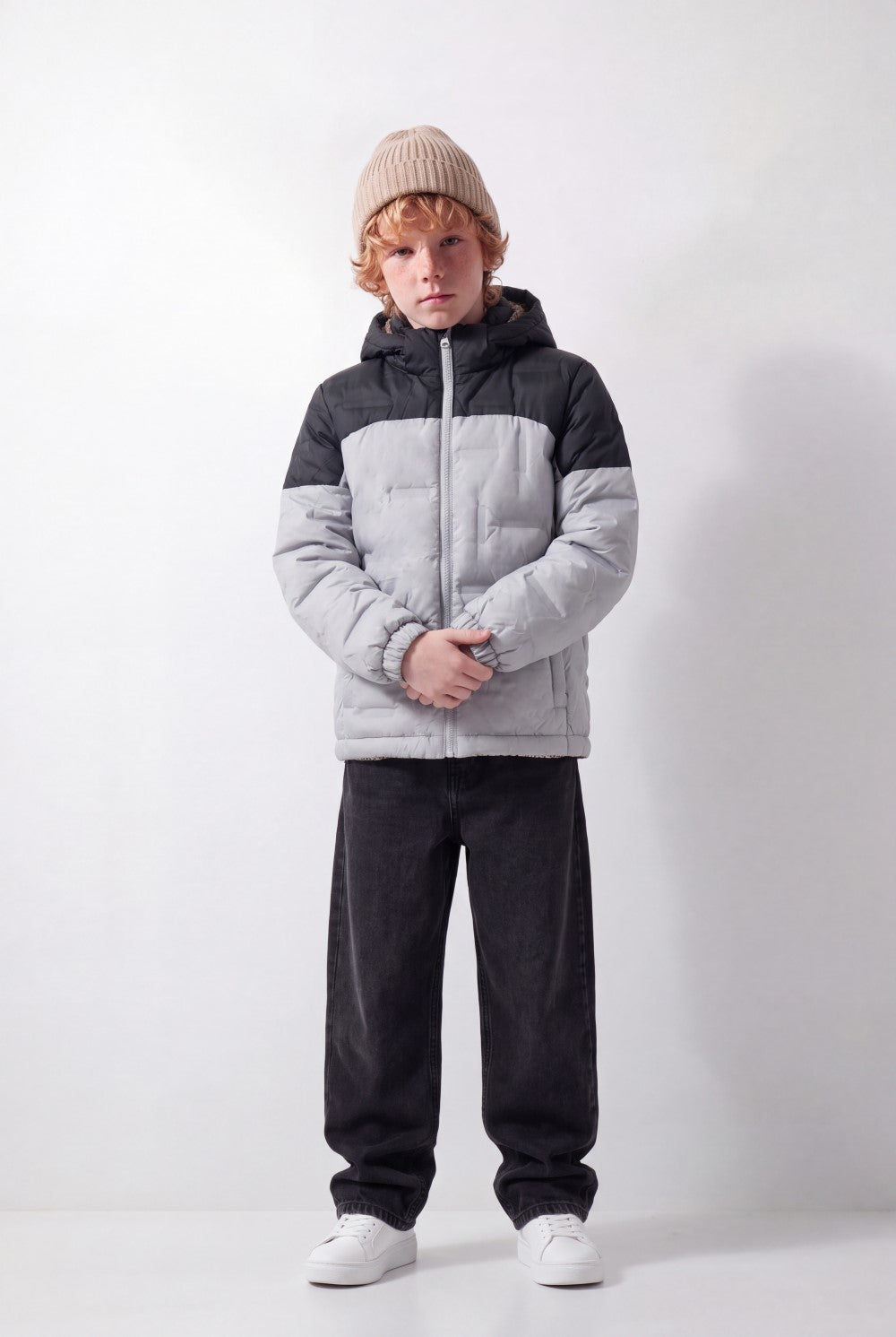 Boy's Tomato Store Color-Block Puffer Jacket Hooded Contrast Panel Design Full-Zip Front
