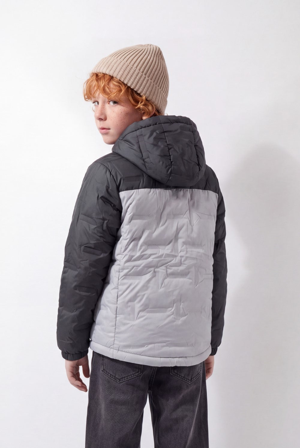 Boy's Tomato Store Color-Block Puffer Jacket Hooded Contrast Panel Design Full-Zip Front