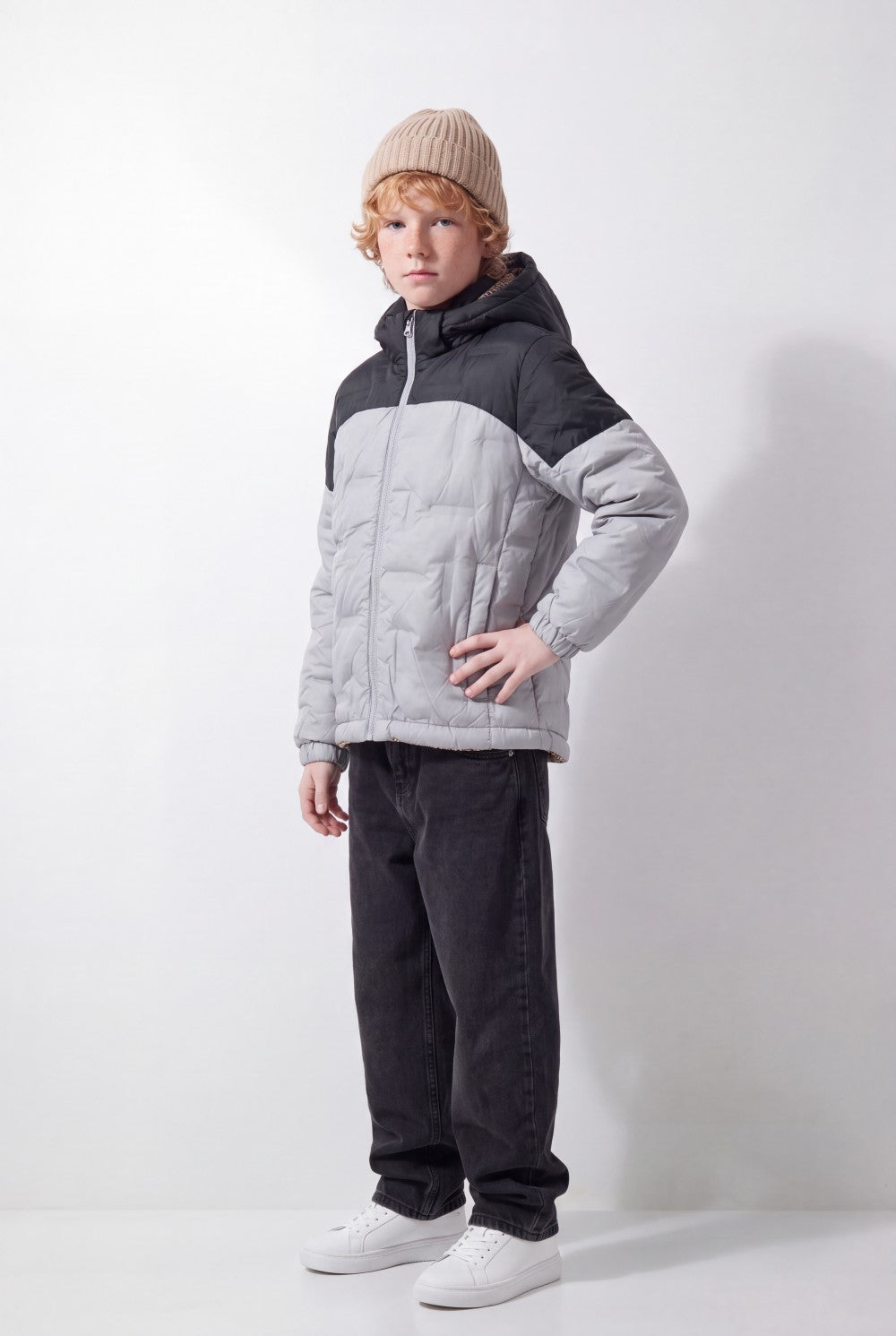 Boy's Tomato Store Color-Block Puffer Jacket Hooded Contrast Panel Design Full-Zip Front