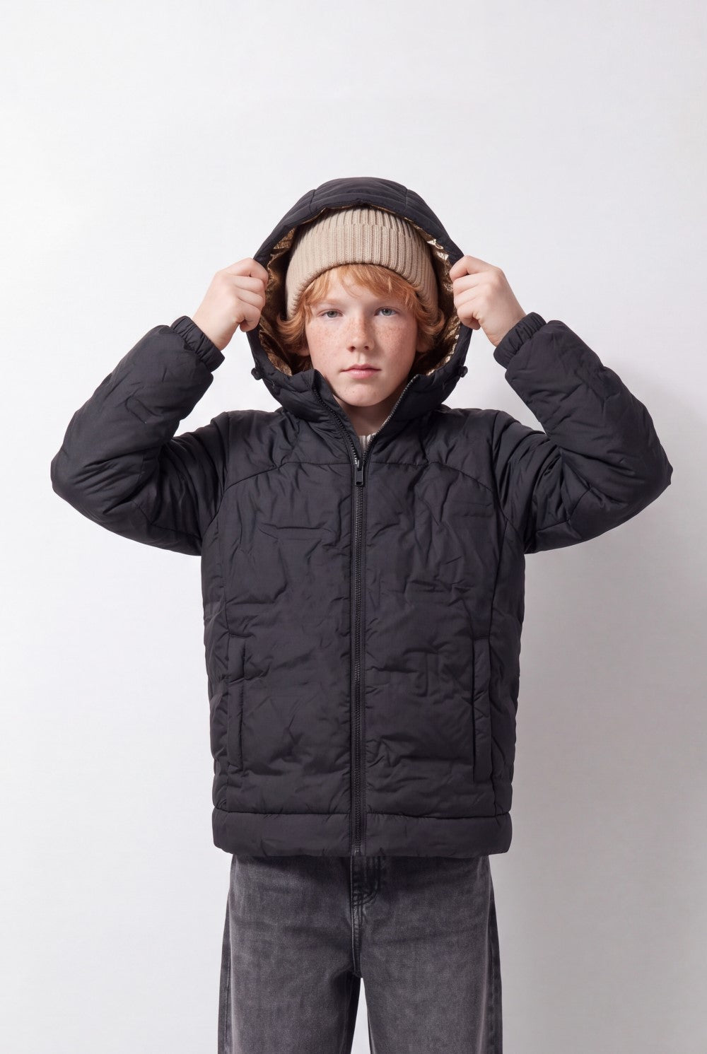 Boy's Tomato Store Color-Block Puffer Jacket Hooded Contrast Panel Design Full-Zip Front