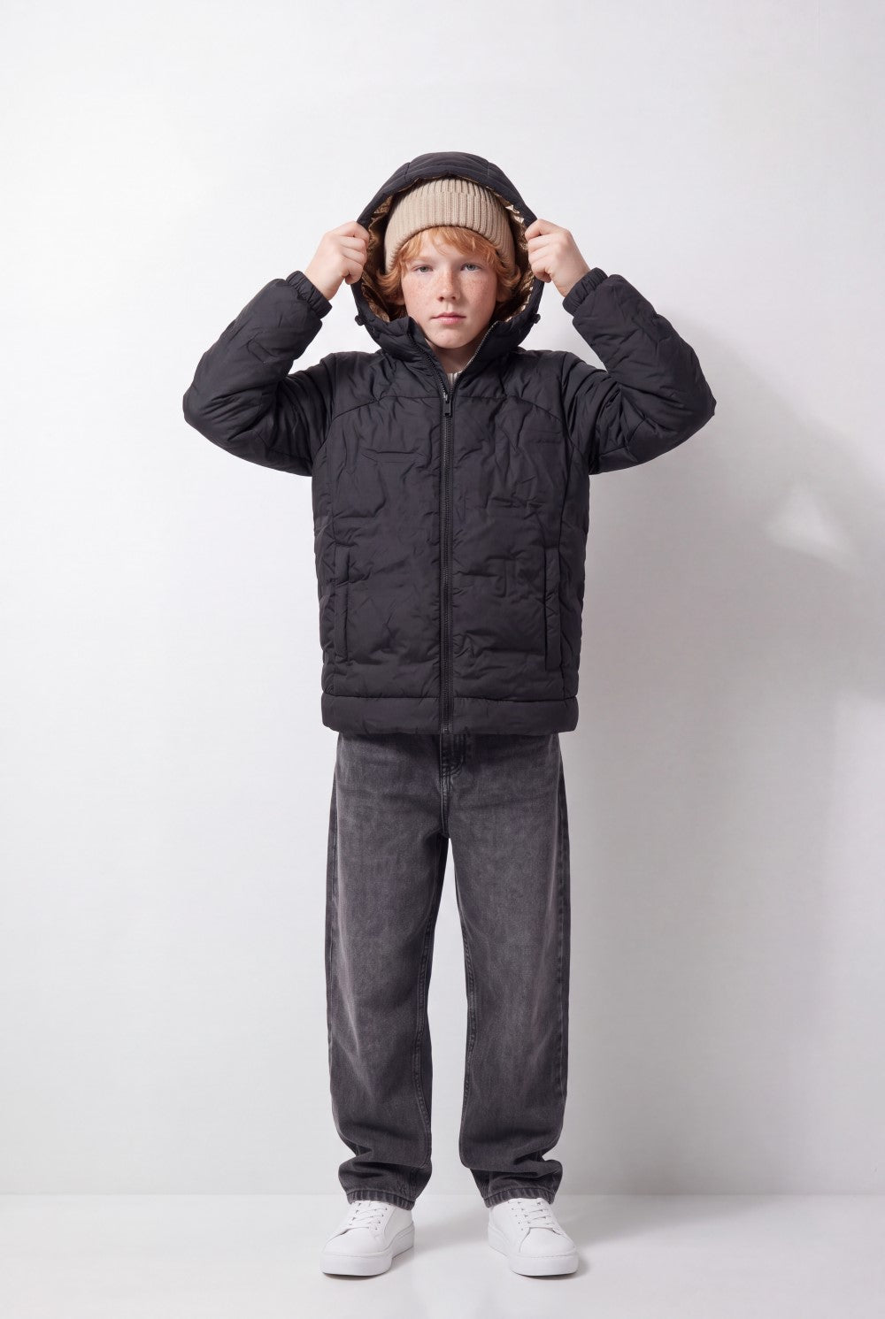Boy's Tomato Store Color-Block Puffer Jacket Hooded Contrast Panel Design Full-Zip Front