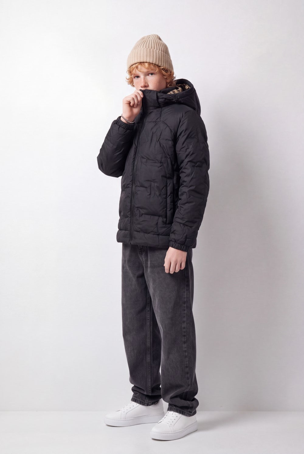 Boy's Tomato Store Color-Block Puffer Jacket Hooded Contrast Panel Design Full-Zip Front