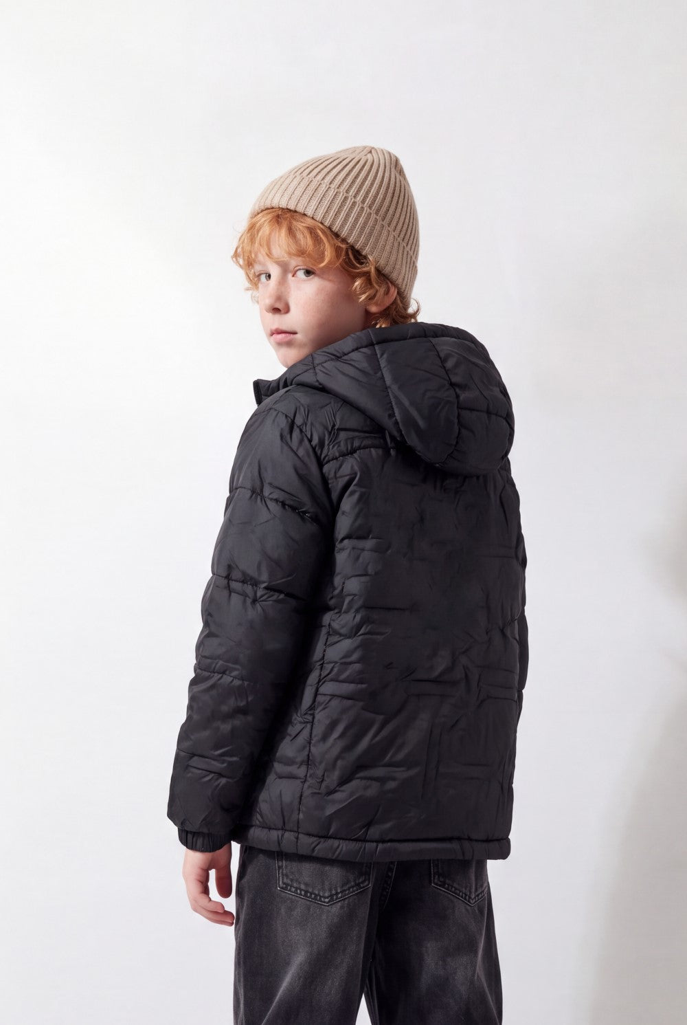 Boy's Tomato Store Color-Block Puffer Jacket Hooded Contrast Panel Design Full-Zip Front