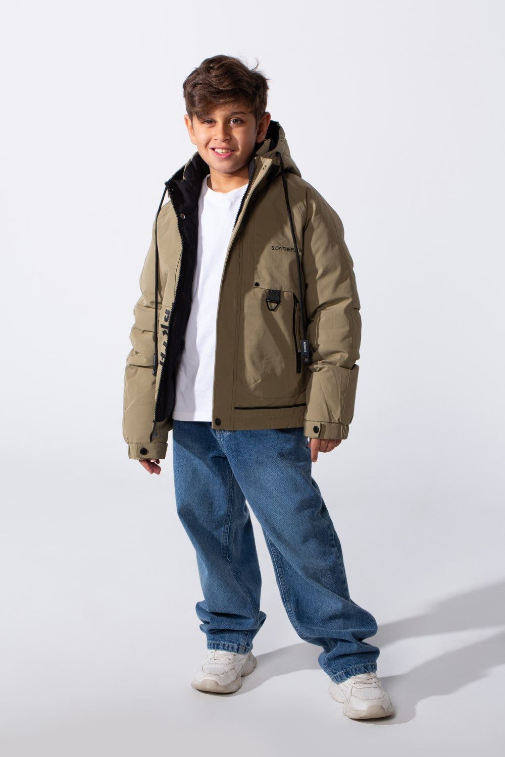 Boy's High-Neck Side Print With Pockets Long Sleeve Hooded Thermal Modern Jacket