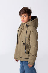 Boy's High-Neck Side Print With Pockets Long Sleeve Hooded Thermal Modern Jacket